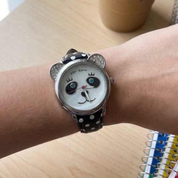 Betsey Johnson Panda Watch Black and White Polka Dot Leather Band New Condition - Picture 6 of 6